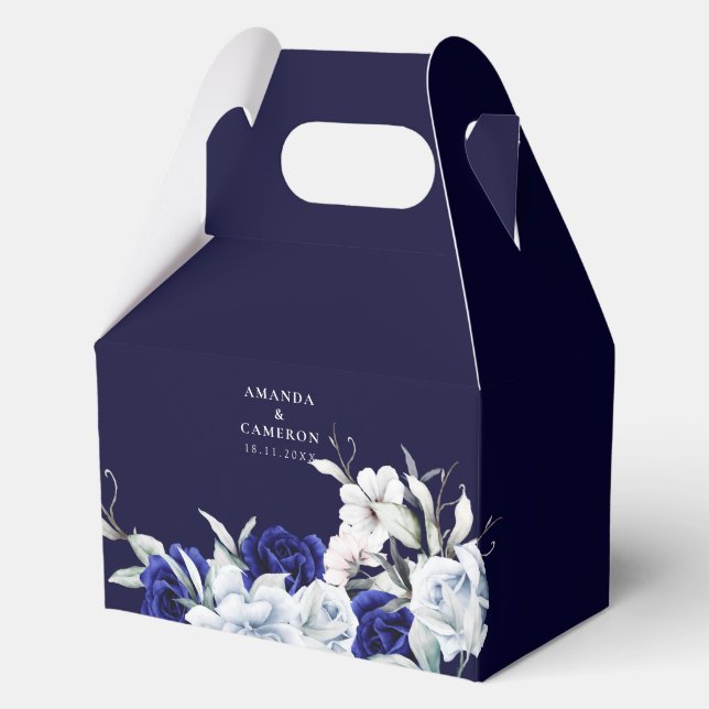 Elegant Dusty Blue Navy Floral Wedding  Favor Boxes (Front)