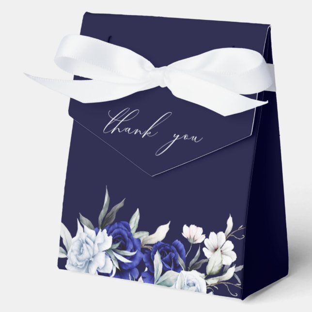 Elegant Dusty Blue Navy Floral Wedding  Favor Boxes (Front)