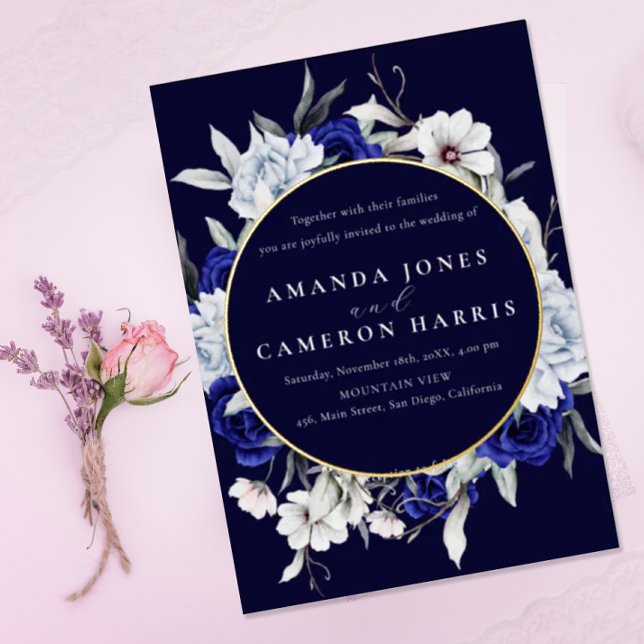 Elegant Dusty Blue Navy Floral Wedding Gold  Foil Invitation (Creator Uploaded)