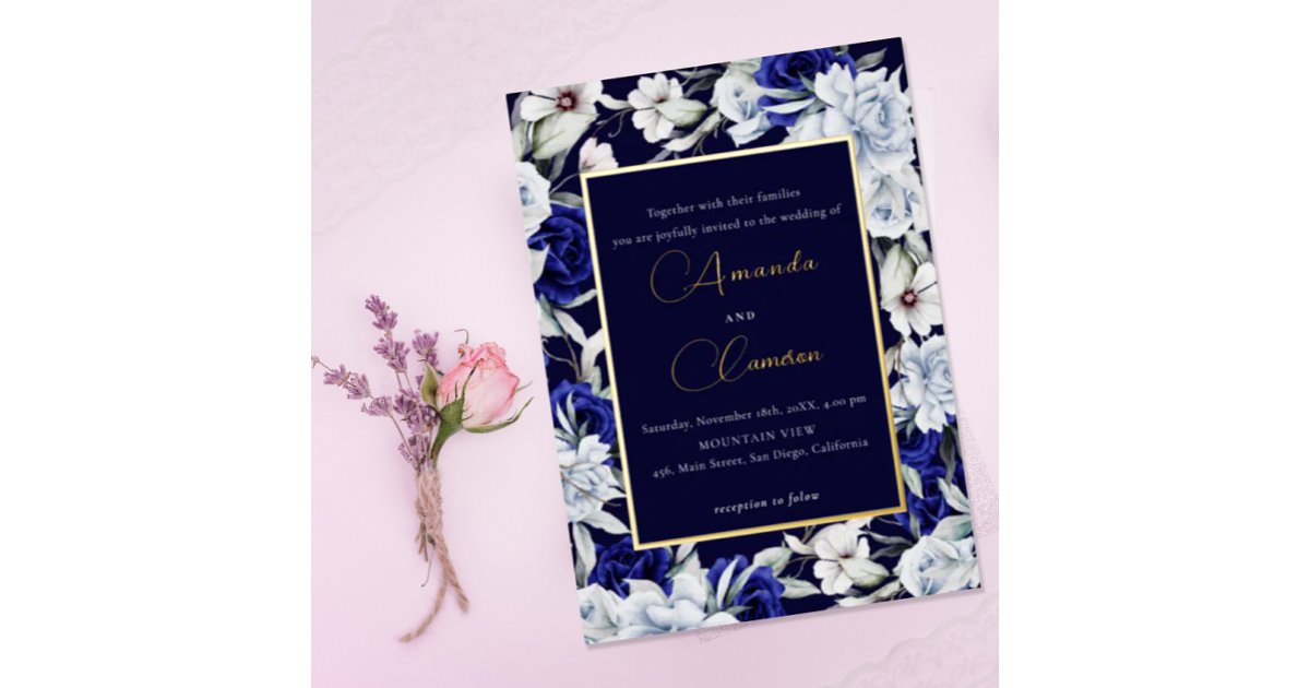 Elegant Dusty Blue Navy Floral Wedding Gold Foil Invitation | Zazzle