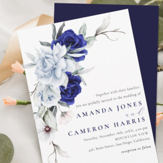 Elegant Dusty Blue Navy Floral Wedding Invitation