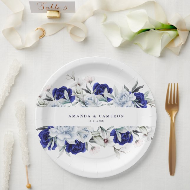 Elegant Dusty Blue Navy Floral Wedding Paper Plates (Wedding)