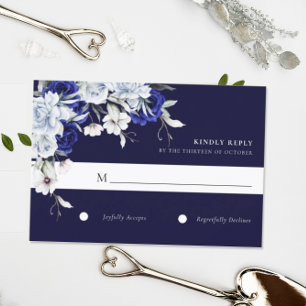 Elegant Dusty Blue Navy Floral Wedding RSVP Card