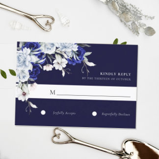 Elegant Dusty Blue Navy Floral Wedding RSVP Card