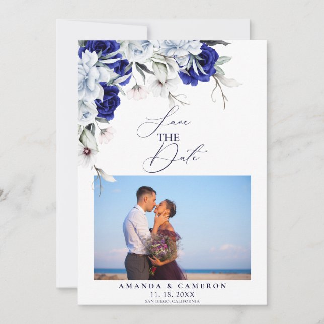 Elegant Dusty Blue Navy Floral Wedding  Save The Date (Front)
