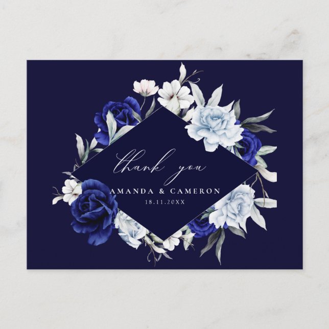 Elegant Dusty Blue Navy Floral Wedding Thank You Postcard (Front)
