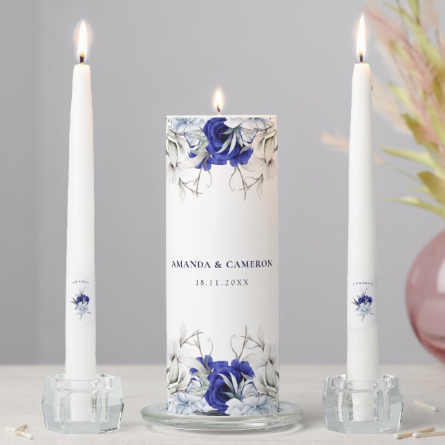 Elegant Dusty Blue Navy Floral Wedding  Unity Candle Set (In Situ)