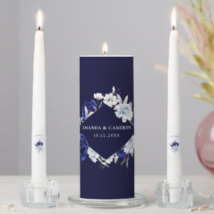 Elegant Dusty Blue Navy Floral Wedding  Unity Candle Set