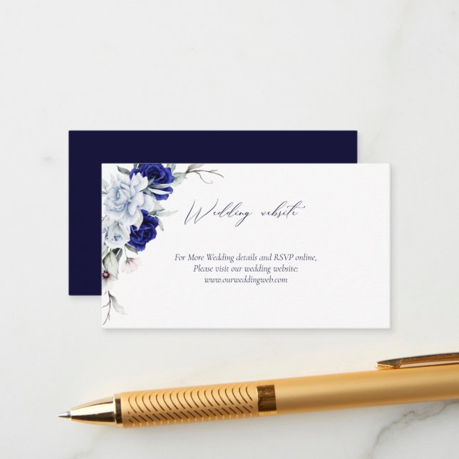 Elegant Dusty Blue Navy Floral Wedding Website  Enclosure Card (Front/Back In Situ)