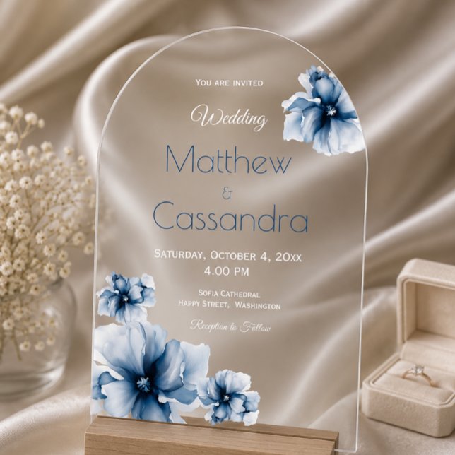 Elegant Dusty Blue Navy  Flowers Wedding  Acrylic Invitations (Creator Uploaded)