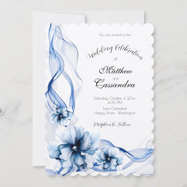 Elegant Dusty Blue Navy  Flowers Wedding  Invitation (Front)