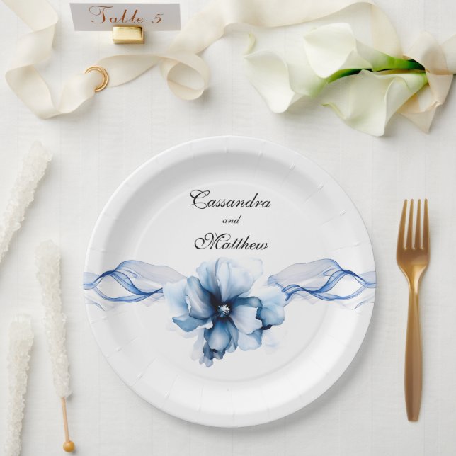 Elegant Dusty Blue Navy  Flowers Wedding  Paper Plates (Wedding)