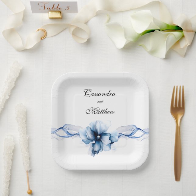 Elegant Dusty Blue Navy  Flowers Wedding  Paper Plates (Wedding)