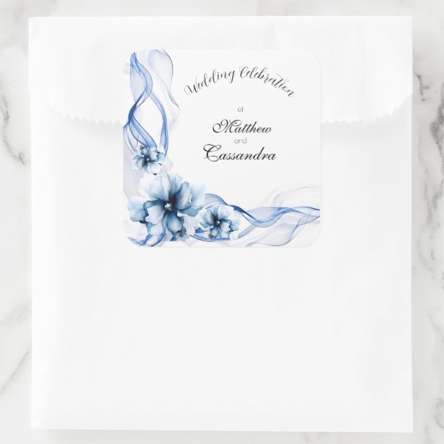 Elegant Dusty Blue Navy  Flowers Wedding  Square Sticker (Bag)