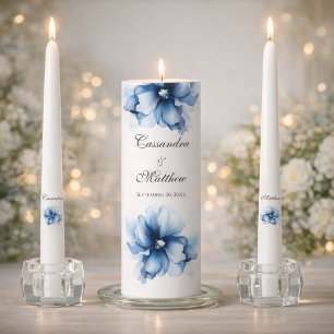 Elegant Dusty Blue Navy  Flowers Wedding  Unity Candle Set