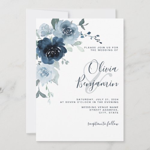 Elegant Dusty Blue Navy Pastel Boho Floral Wedding Invitation