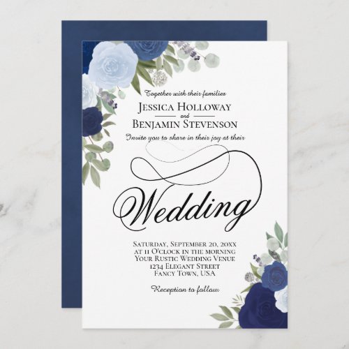 Elegant Dusty Blue  Navy Rustic Floral Wedding Invitation