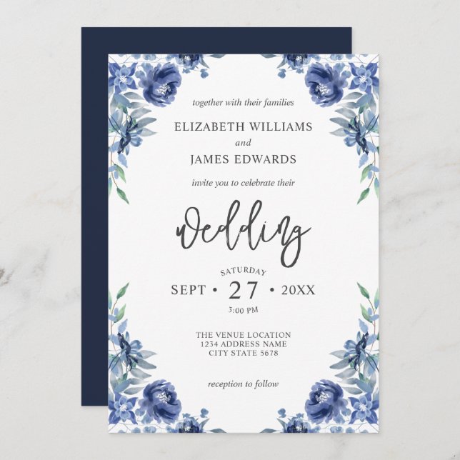 Elegant Dusty Blue Navy Rustic Floral Wedding Invitation (Front/Back)
