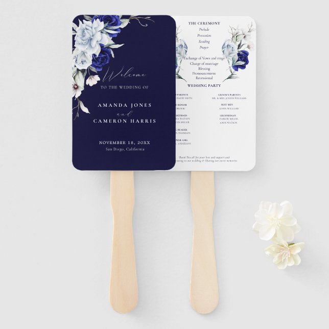 Elegant Dusty Blue Navy Wedding Ceremony Program  Hand Fan (Front and Back)