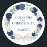 Elegant Dusty Blue & Navy Wreath of Roses Wedding Classic Round Sticker<br><div class="desc">These beautiful wedding stickers are perfect as favor tags or envelope seals. They feature a rustic hand painted watercolor wreath of roses and foliage in shades of dusty blue,  navy,  and indigo on a classic white background,  with your names and the wedding date.</div>
