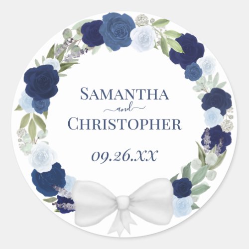 Elegant Dusty Blue  Navy Wreath of Roses Wedding Classic Round Sticker