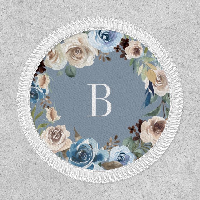 Elegant Dusty Blue Neutral Floral Wreath Monogram Patch (Front)