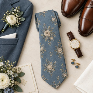 Elegant Dusty Blue Old Money Botanical Garden Neck Tie