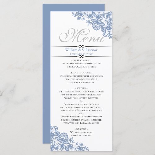 Elegant Dusty Blue on White Wedding Menu