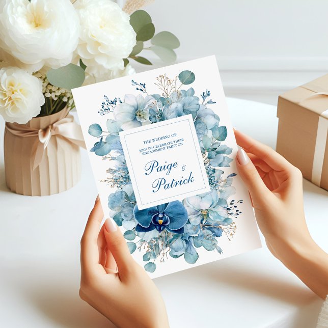 Elegant Dusty Blue Orchid Hydrangea Gold Invitation (Creator Uploaded)