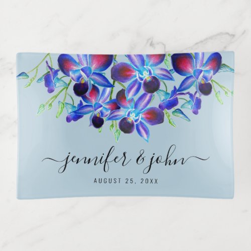 Elegant Dusty Blue Orchids Wedding Watercolor Name Trinket Tray