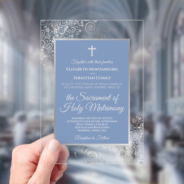 Elegant Dusty Blue Ornate Silver Catholic Wedding Acrylic Invitations (Clear Acrylic with Rectangle Cut)