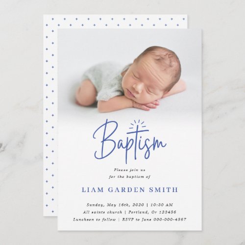 Elegant Dusty Blue Pastel Script Baptism Photo  In Invitation