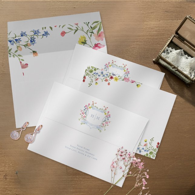 Elegant Dusty Blue Pastel Wildflower Crest Wedding Envelope (Creator Uploaded)