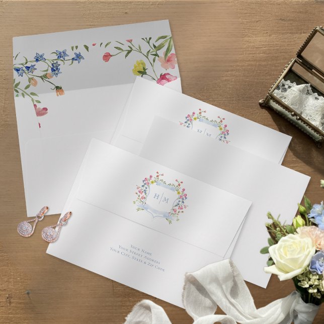 Elegant Dusty Blue Pastel Wildflower Crest Wedding Envelope (Creator Uploaded)