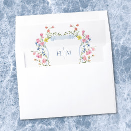 Elegant Dusty Blue Pastel Wildflower Crest Wedding Envelope Liner
