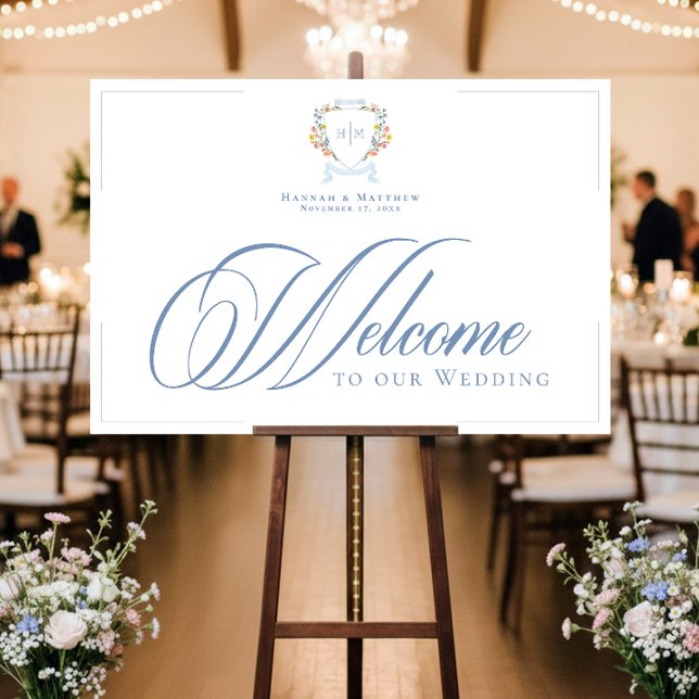 Elegant Dusty Blue Pastel Wildflower Crest Wedding Foam Board (Creator Uploaded)