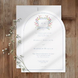 Elegant Dusty Blue Pastel Wildflower Crest Wedding Invitation