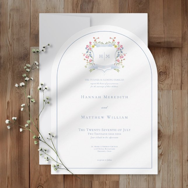 Elegant Dusty Blue Pastel Wildflower Crest Wedding Invitation (Creator Uploaded)
