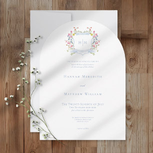 Elegant Dusty Blue Pastel Wildflower Crest Wedding Invitation