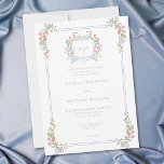 Elegant Dusty Blue Pastel Wildflower Crest Wedding Invitation<br><div class="desc">Step into a world of timeless elegance with our exquisite Baroque wildflower wedding invitation. A regal crest, adorned with your initials, sits at the top of this design, encircled by soft pastel watercolor blooms and a delicate ribbon. Graceful swags of wildflowers frame each corner, while a refined dusty blue double...</div>