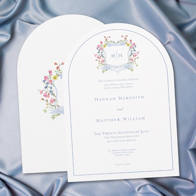 Elegant Dusty Blue Pastel Wildflower Crest Wedding Invitation (Elegant Dusty Blue Pastel Wildflower Crest Arch Wedding Invitation)