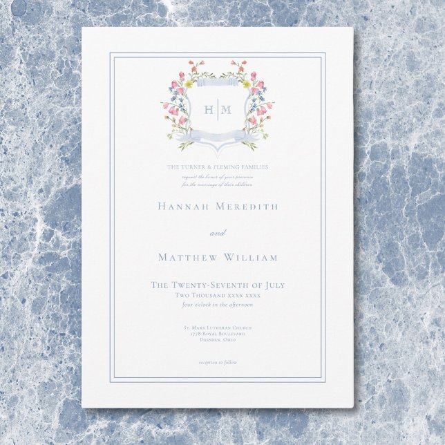 Elegant Dusty Blue Pastel Wildflower Crest Wedding Invitation (Elegant Dusty Blue Pastel Wildflower Crest Wedding Invitation)