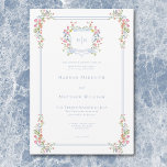 Elegant Dusty Blue Pastel Wildflower Crest Wedding Invitation<br><div class="desc">Step into a world of timeless elegance with our exquisite Baroque wildflower wedding invitation. A regal crest, adorned with your initials, sits at the top of this design, encircled by soft pastel watercolor blooms and a delicate ribbon. Graceful swags of wildflowers frame each corner, while a refined dusty blue double...</div>