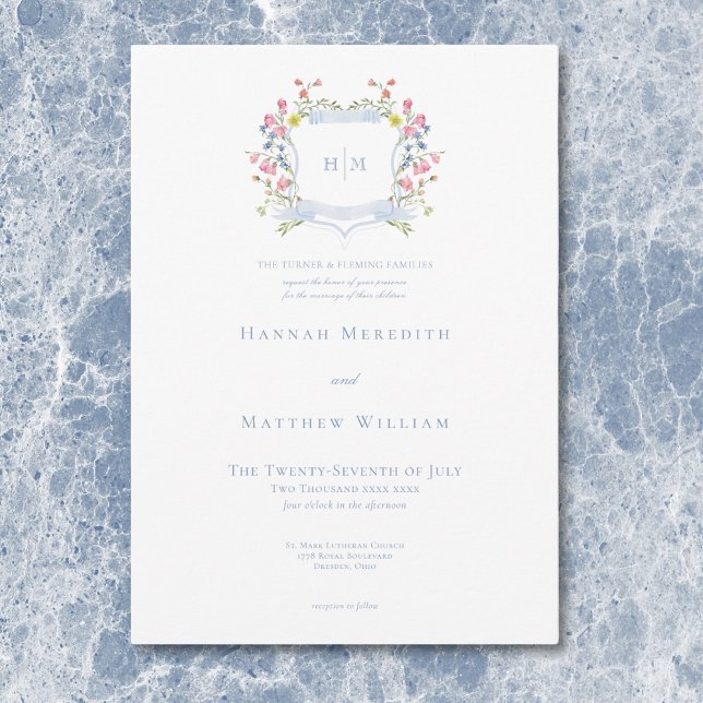 Elegant Dusty Blue Pastel Wildflower Crest Wedding Invitation (Elegant Dusty Blue Pastel Wildflower Crest Wedding Invitation)