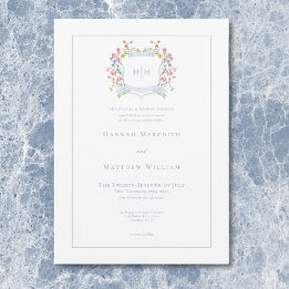 Elegant Dusty Blue Pastel Wildflower Crest Wedding Invitation