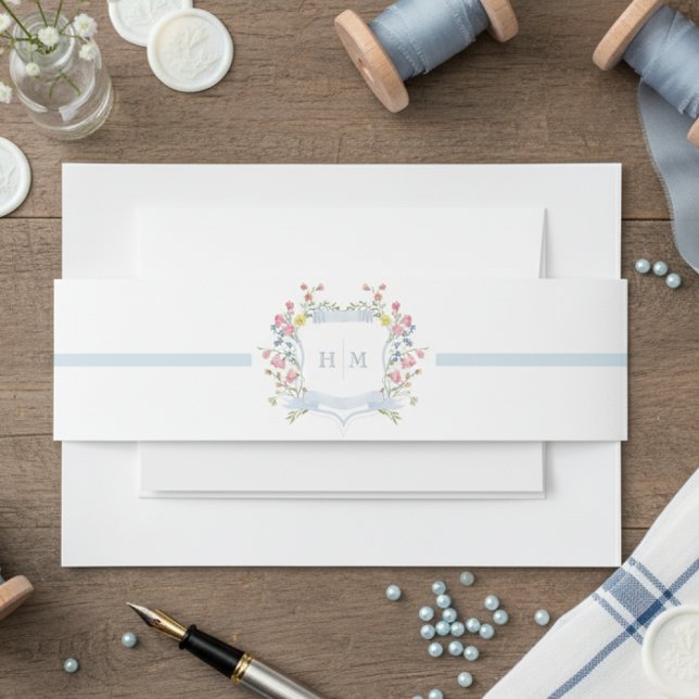 Elegant Dusty Blue Pastel Wildflower Crest Wedding Invitation Belly Band (Creator Uploaded)