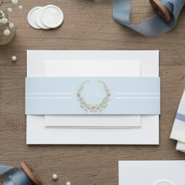 Elegant Dusty Blue Pastel Wildflower Crest Wedding Invitation Belly Band