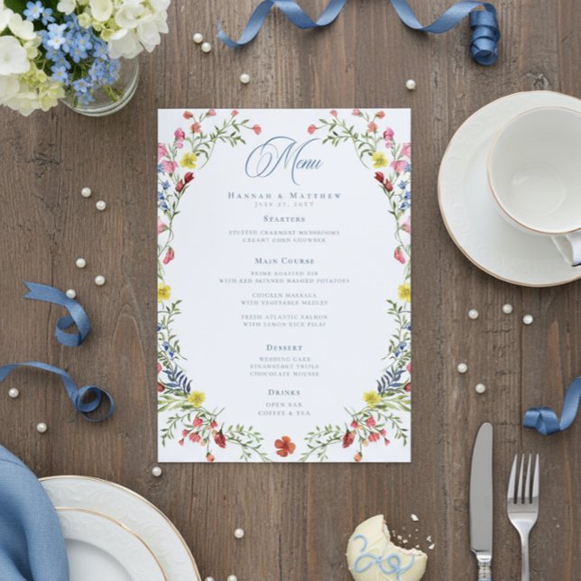 Elegant Dusty Blue Pastel Wildflower Crest Wedding Menu (Creator Uploaded)