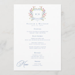 Elegant Dusty Blue Pastel Wildflower Crest Wedding Menu