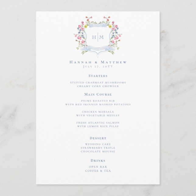 Elegant Dusty Blue Pastel Wildflower Crest Wedding Menu (Front)
